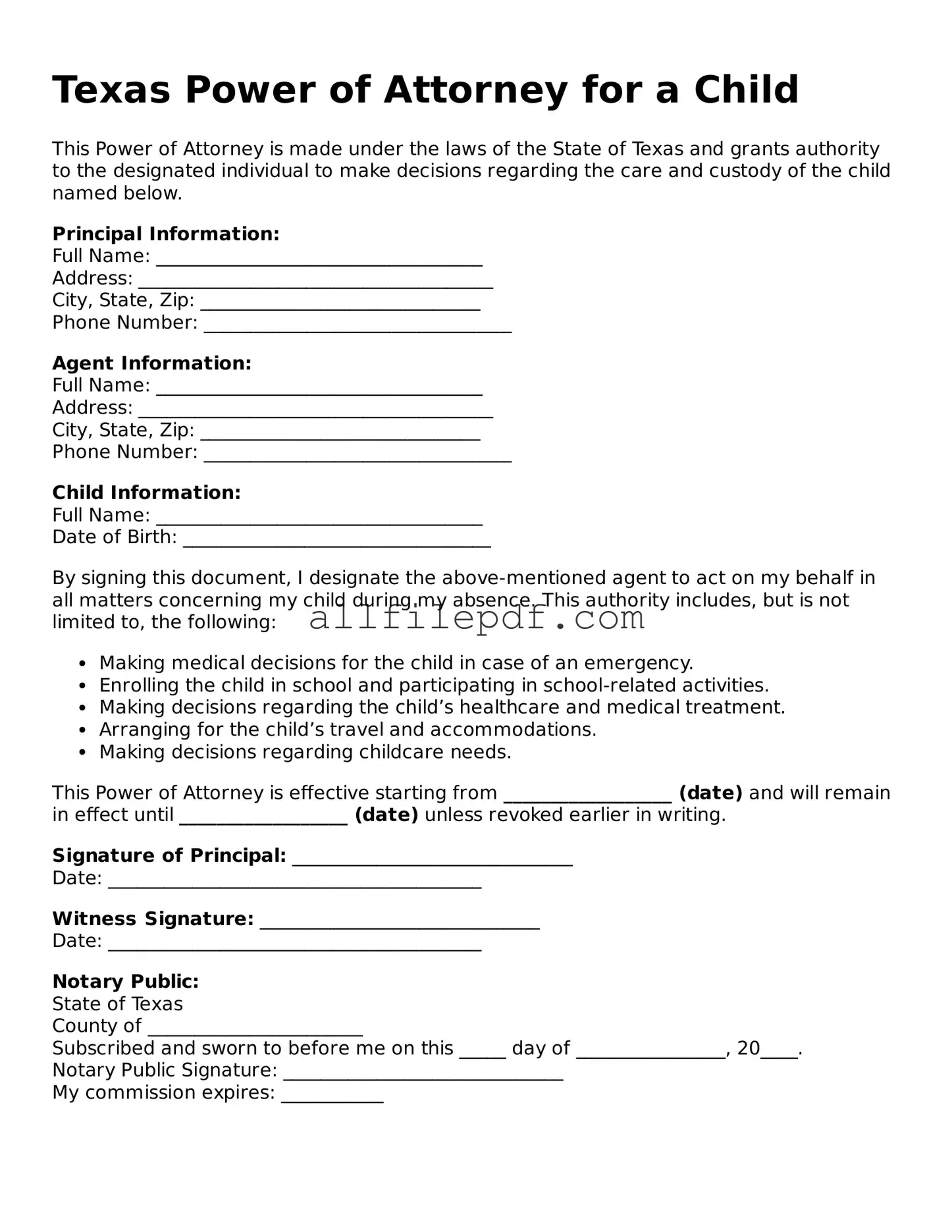 Official  Power of Attorney for a Child Document for Texas