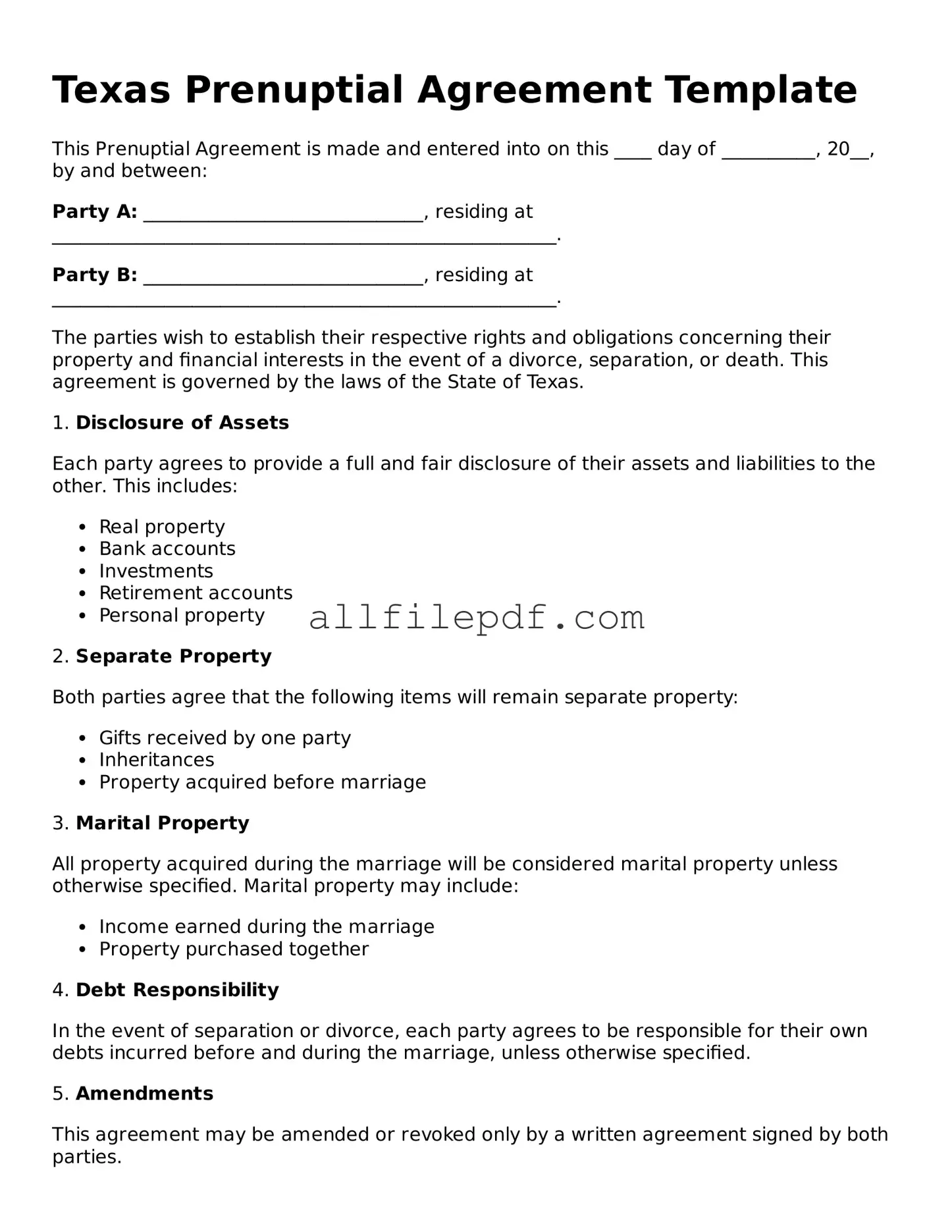 Official  Prenuptial Agreement Document for Texas