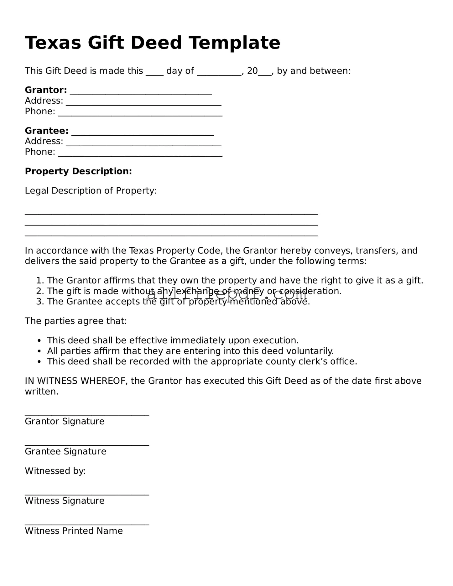 Official  Gift Deed Document for Texas
