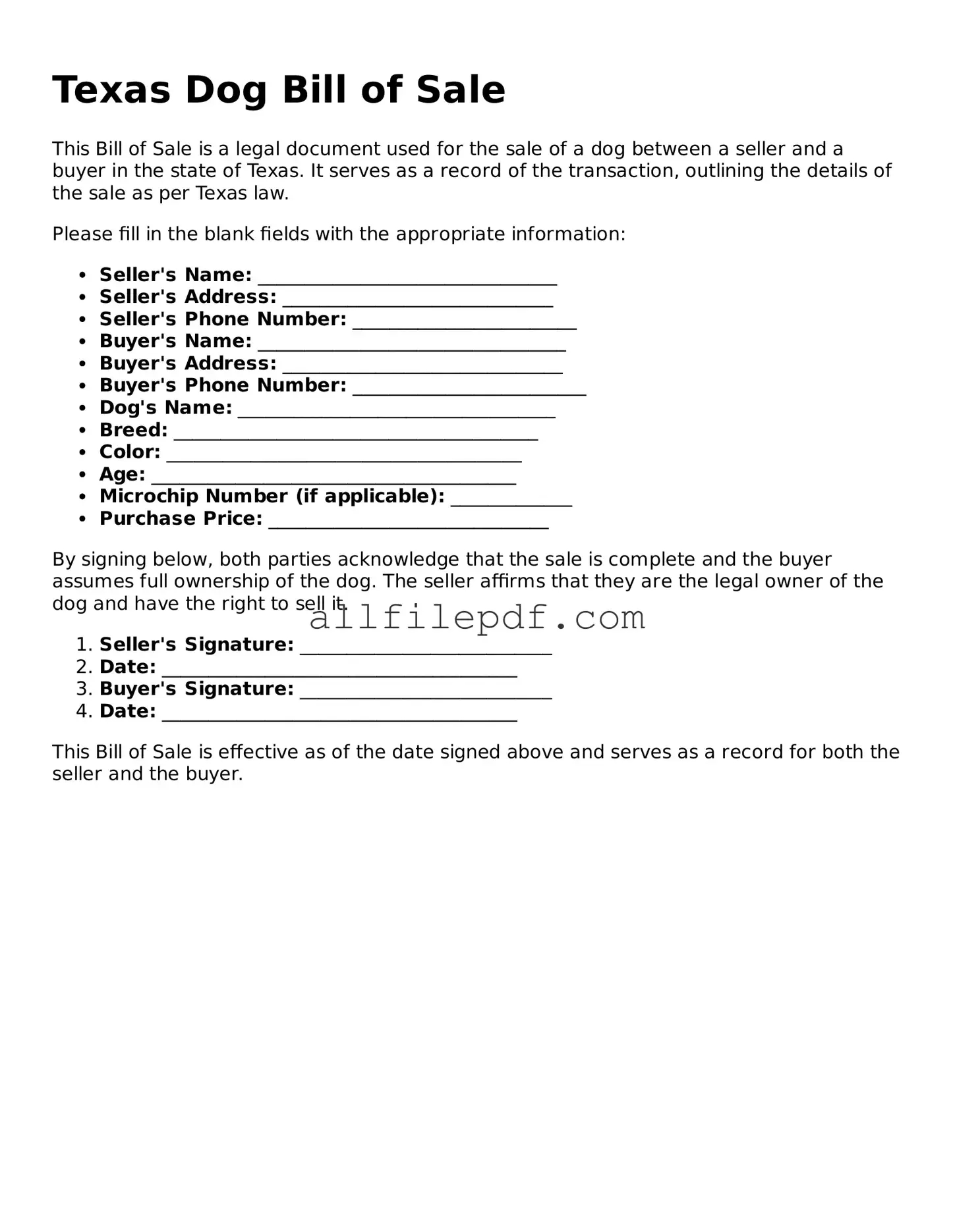 Official  Dog Bill of Sale Document for Texas