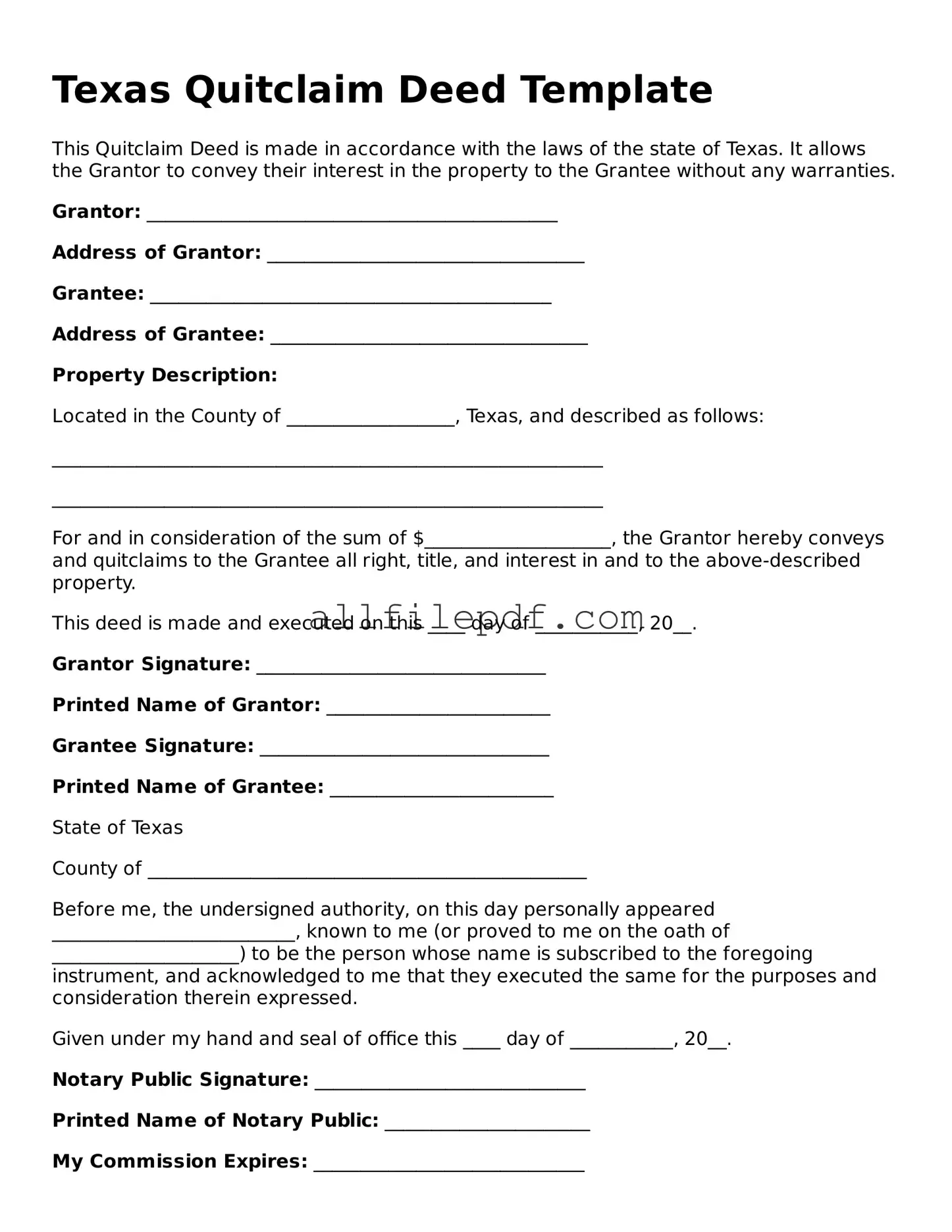 Official  Quitclaim Deed Document for Texas
