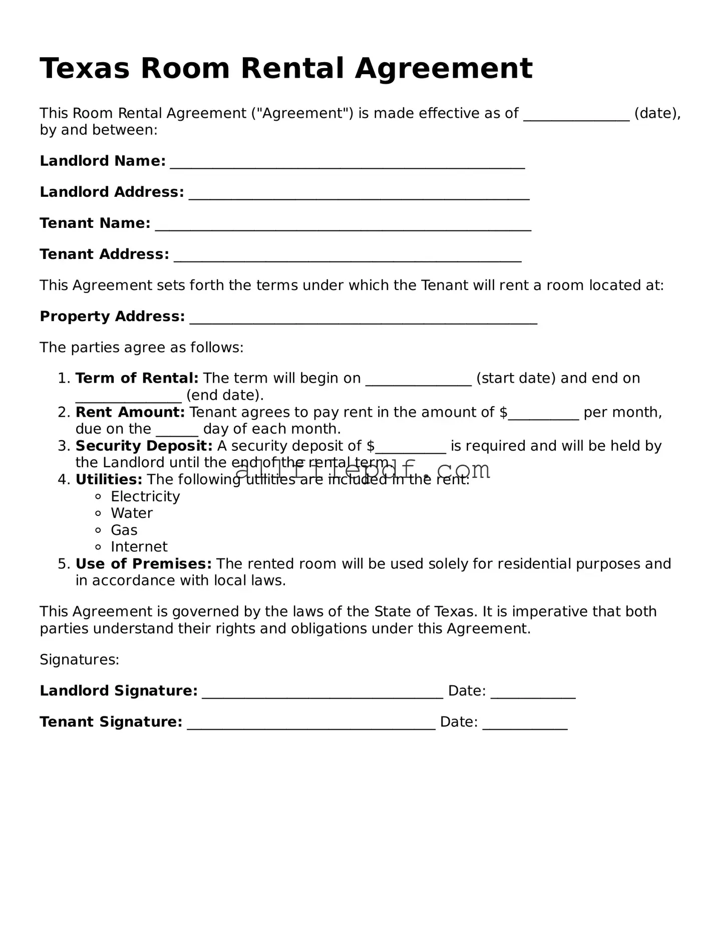 Official  Room Rental Agreement Document for Texas