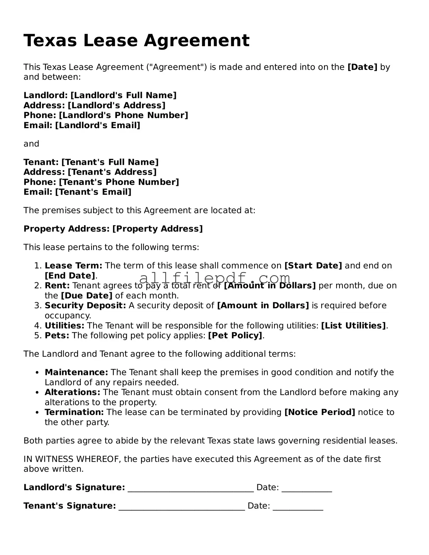 Official  Lease Agreement Document for Texas