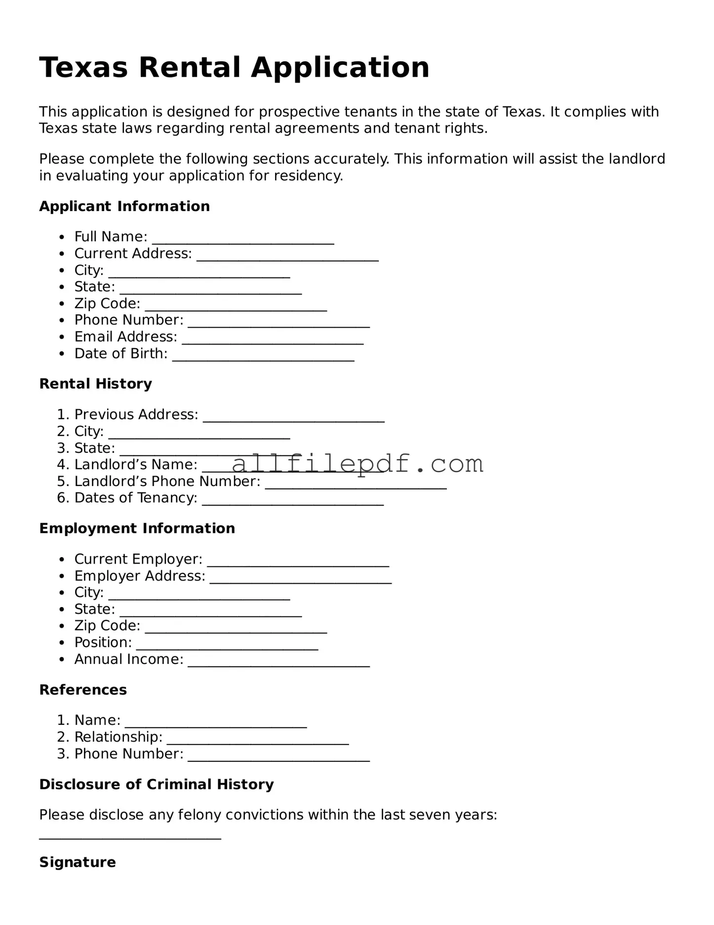 Official  Rental Application Document for Texas
