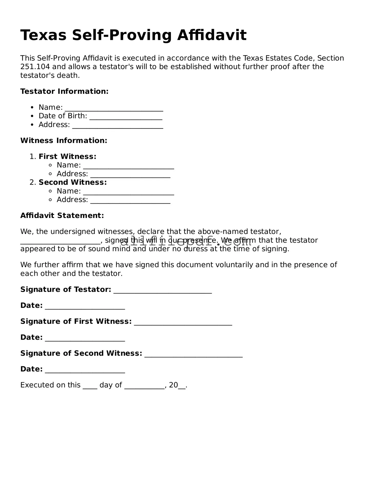 Official  Self-Proving Affidavit Document for Texas