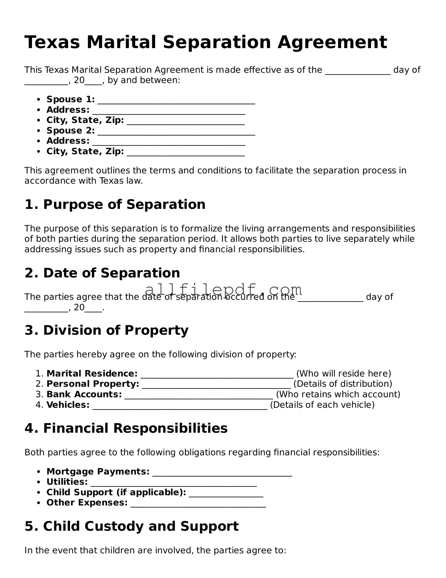 Official  Marital Separation Agreement Document for Texas