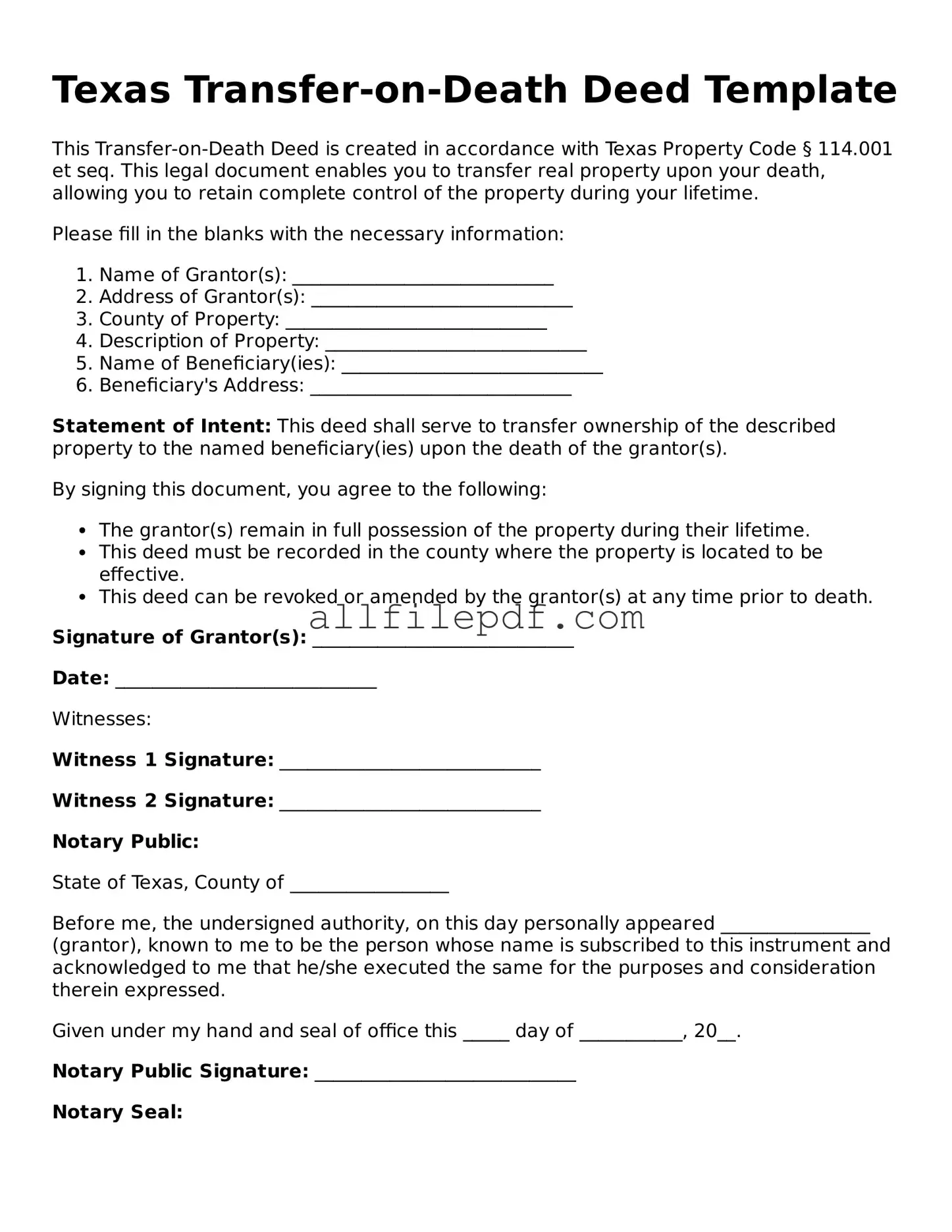 Official  Transfer-on-Death Deed Document for Texas
