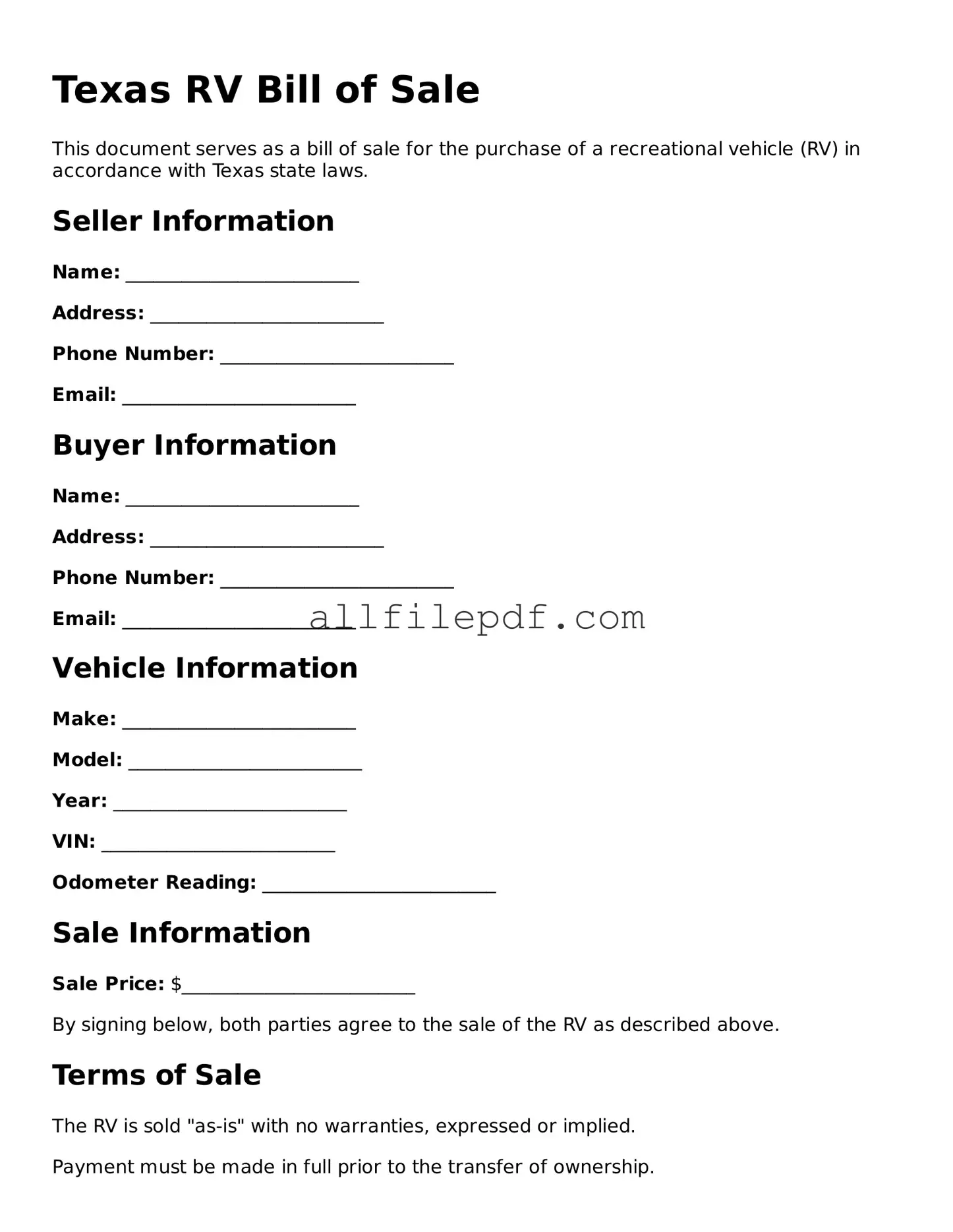Official  RV Bill of Sale Document for Texas