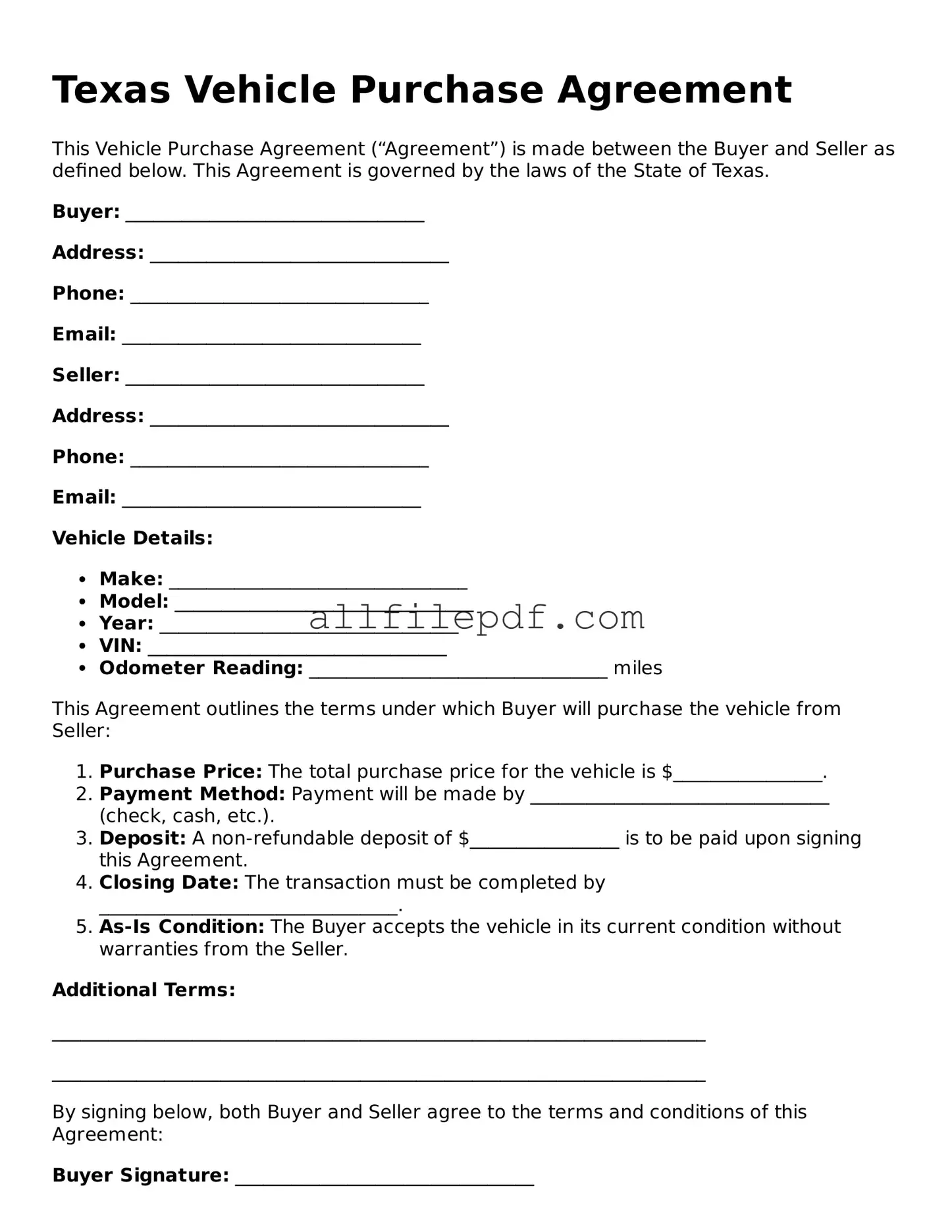 Official  Vehicle Purchase Agreement Document for Texas