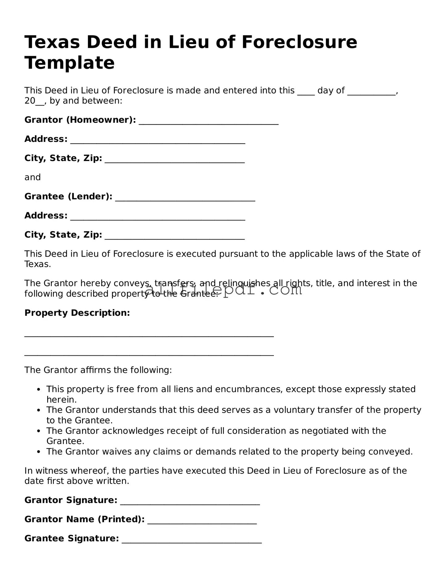Official  Deed in Lieu of Foreclosure Document for Texas
