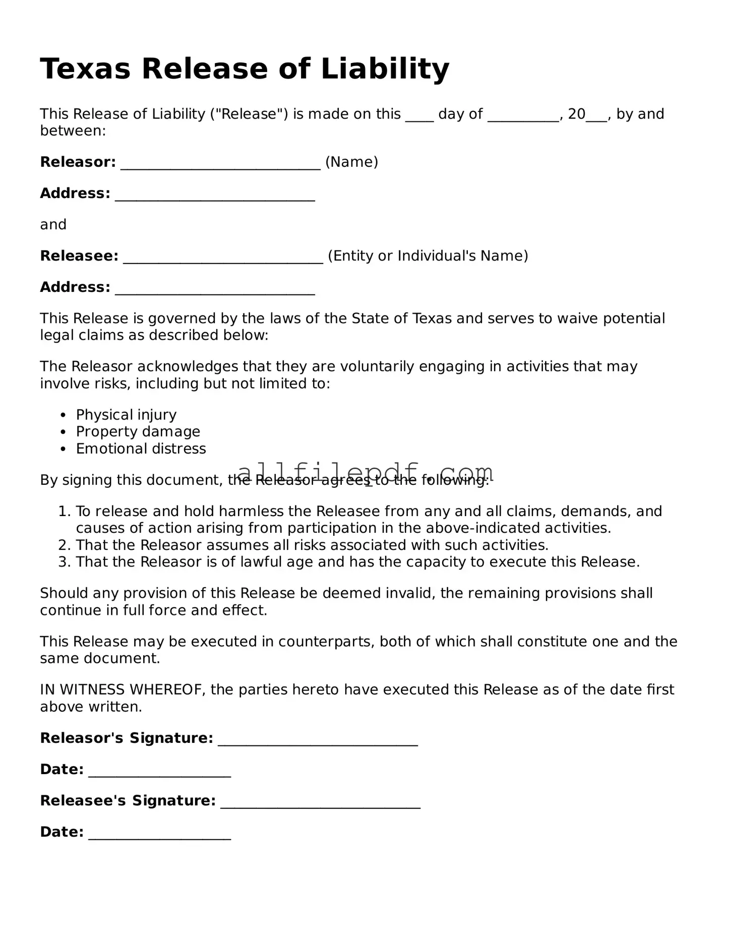 Official  Release of Liability Document for Texas