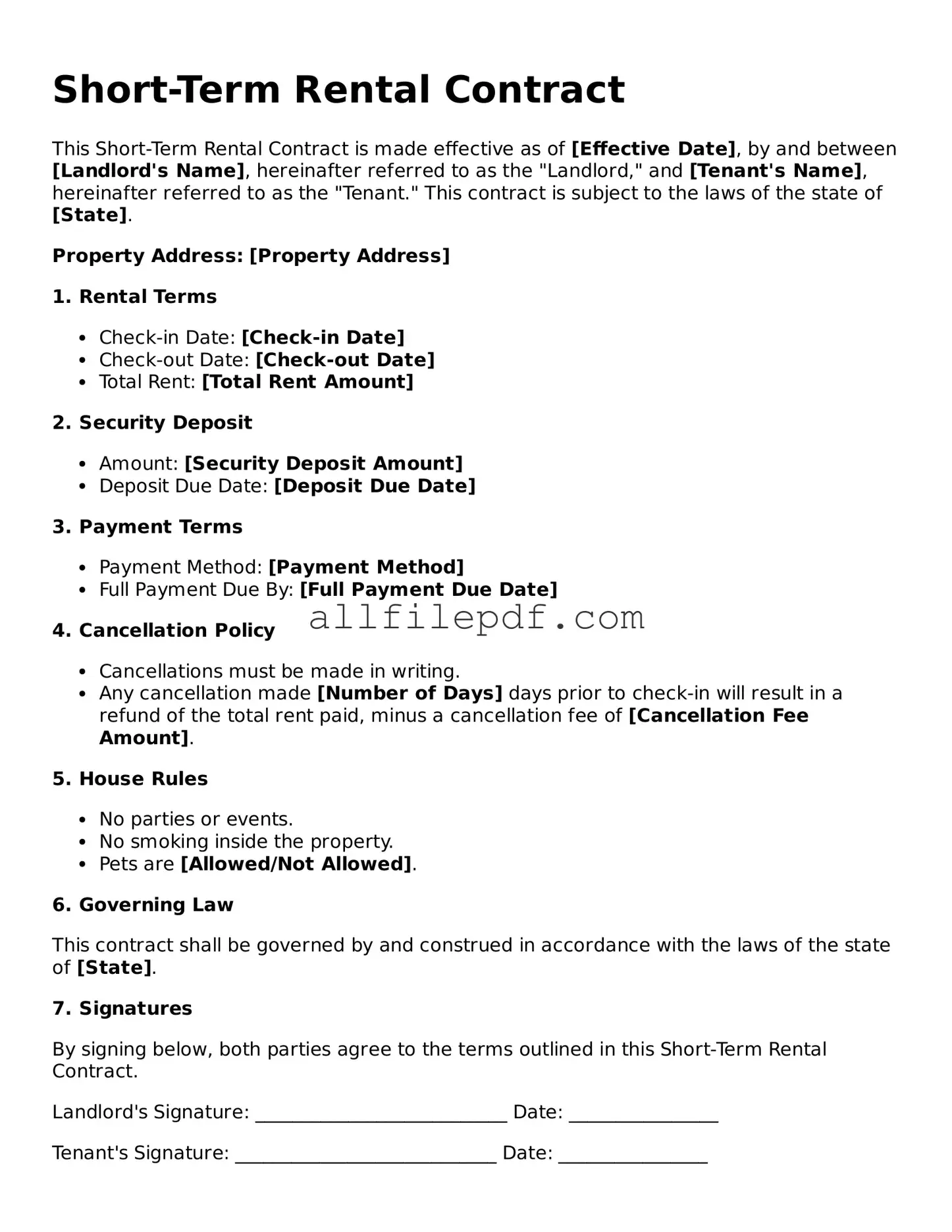 Blank Short-Term Rental Contract Template