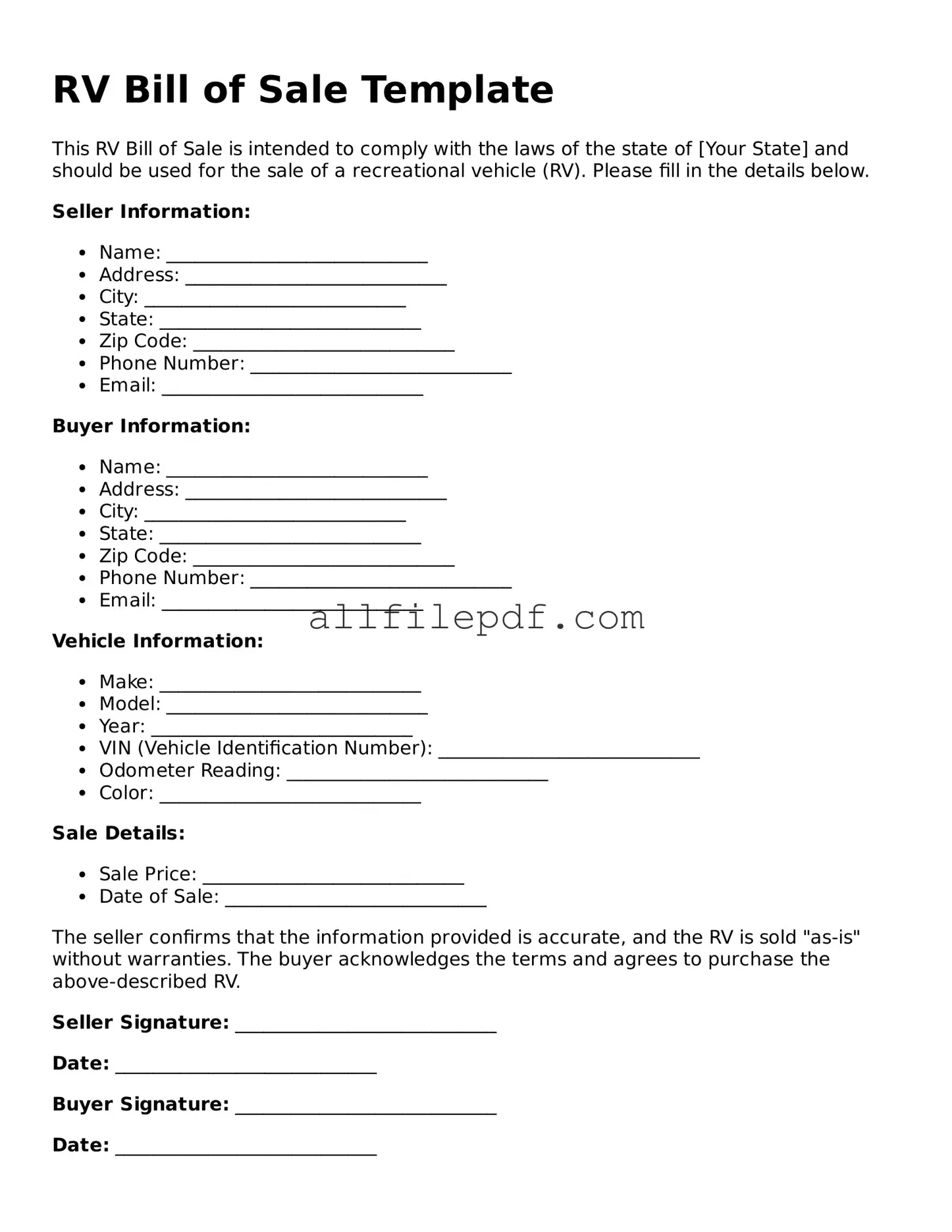 Blank RV Bill of Sale Template