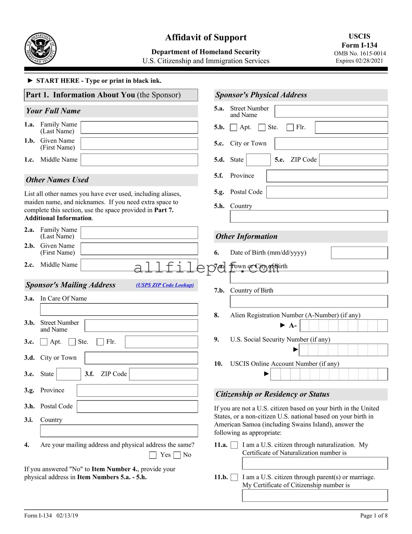 Blank USCIS I-134 PDF Form