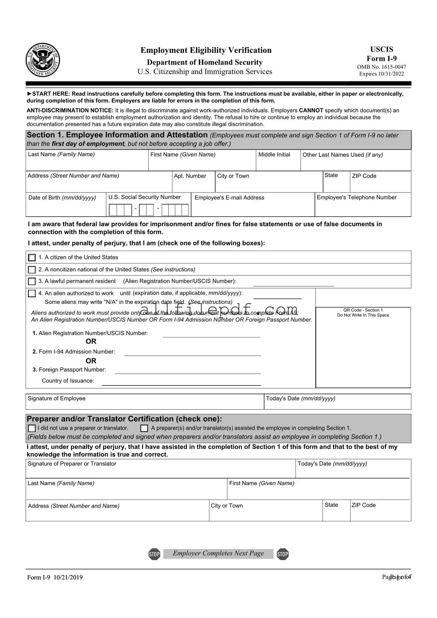 Blank USCIS I-9 PDF Form