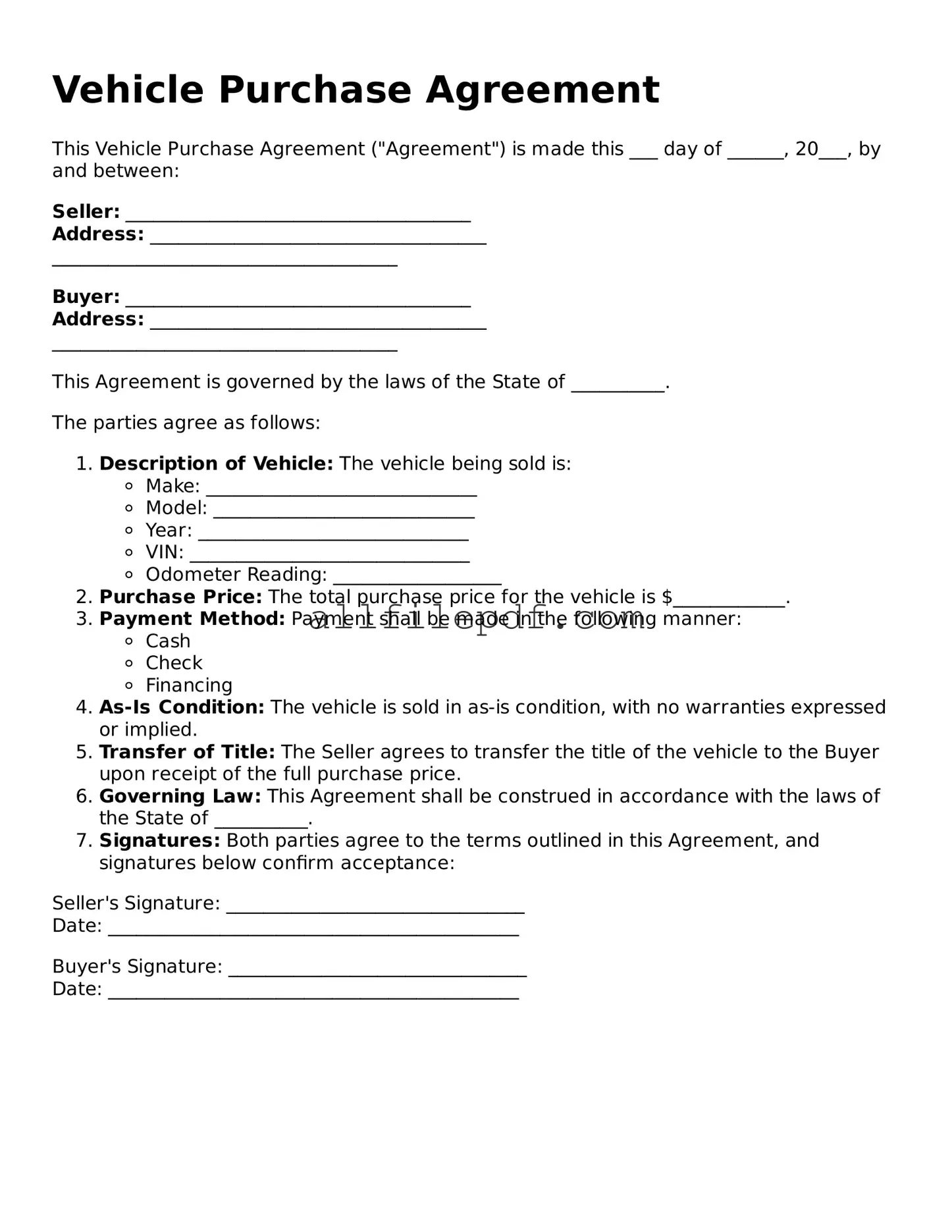 Blank Vehicle Purchase Agreement Template