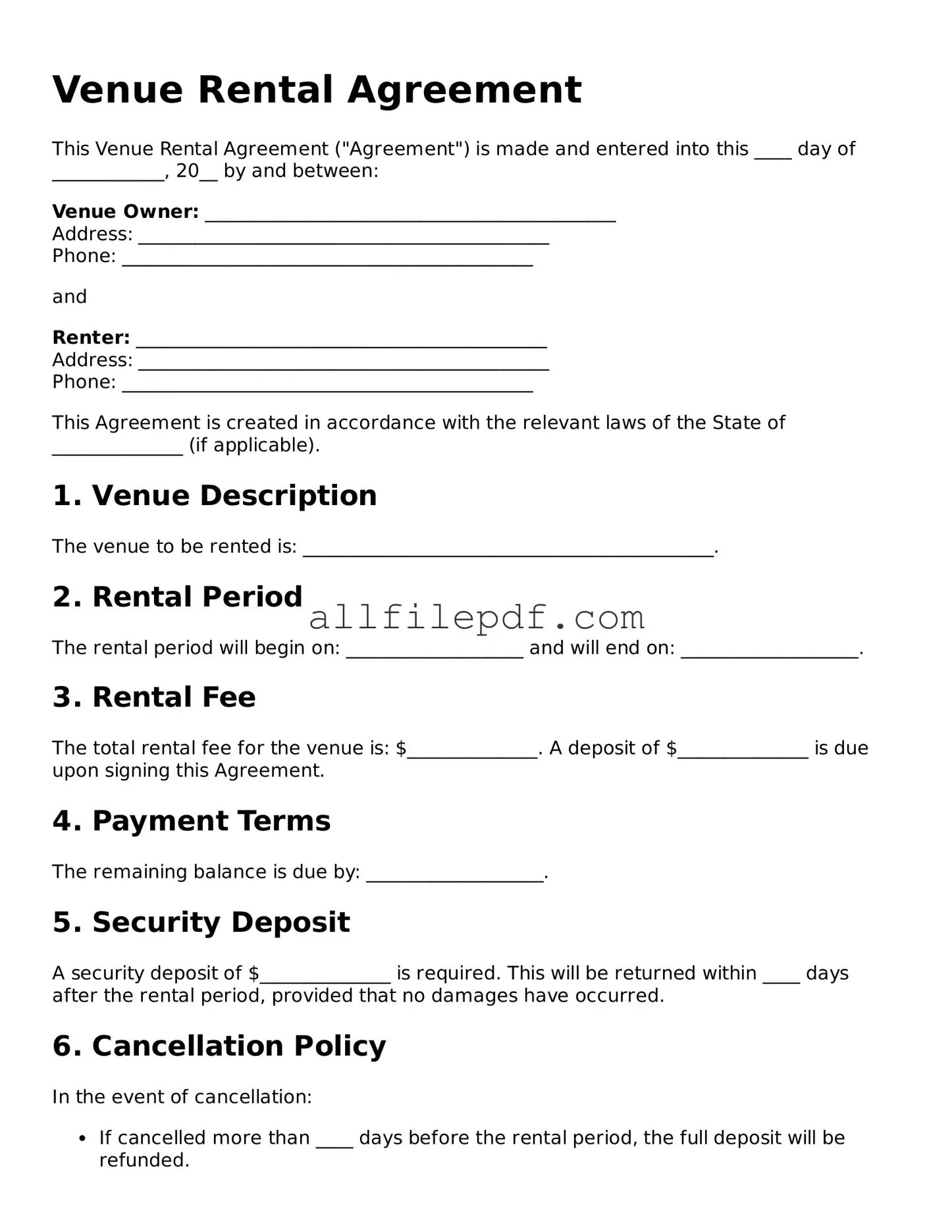 Blank Venue Rental Agreement Template