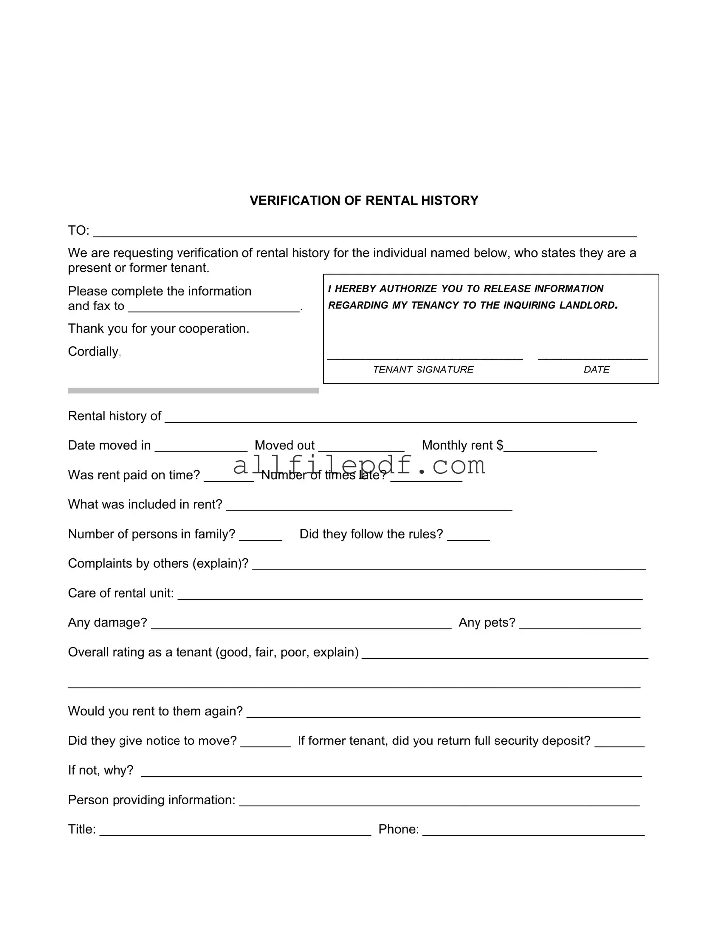 Blank Verification Rental PDF Form