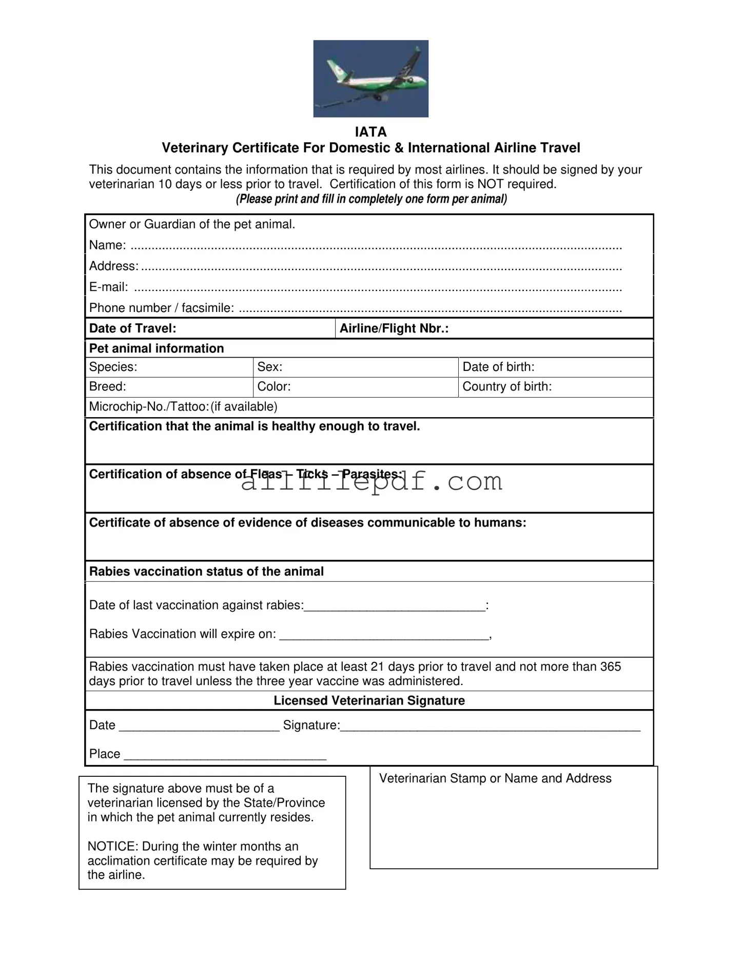 Blank Veterinary Certificate Travel PDF Form