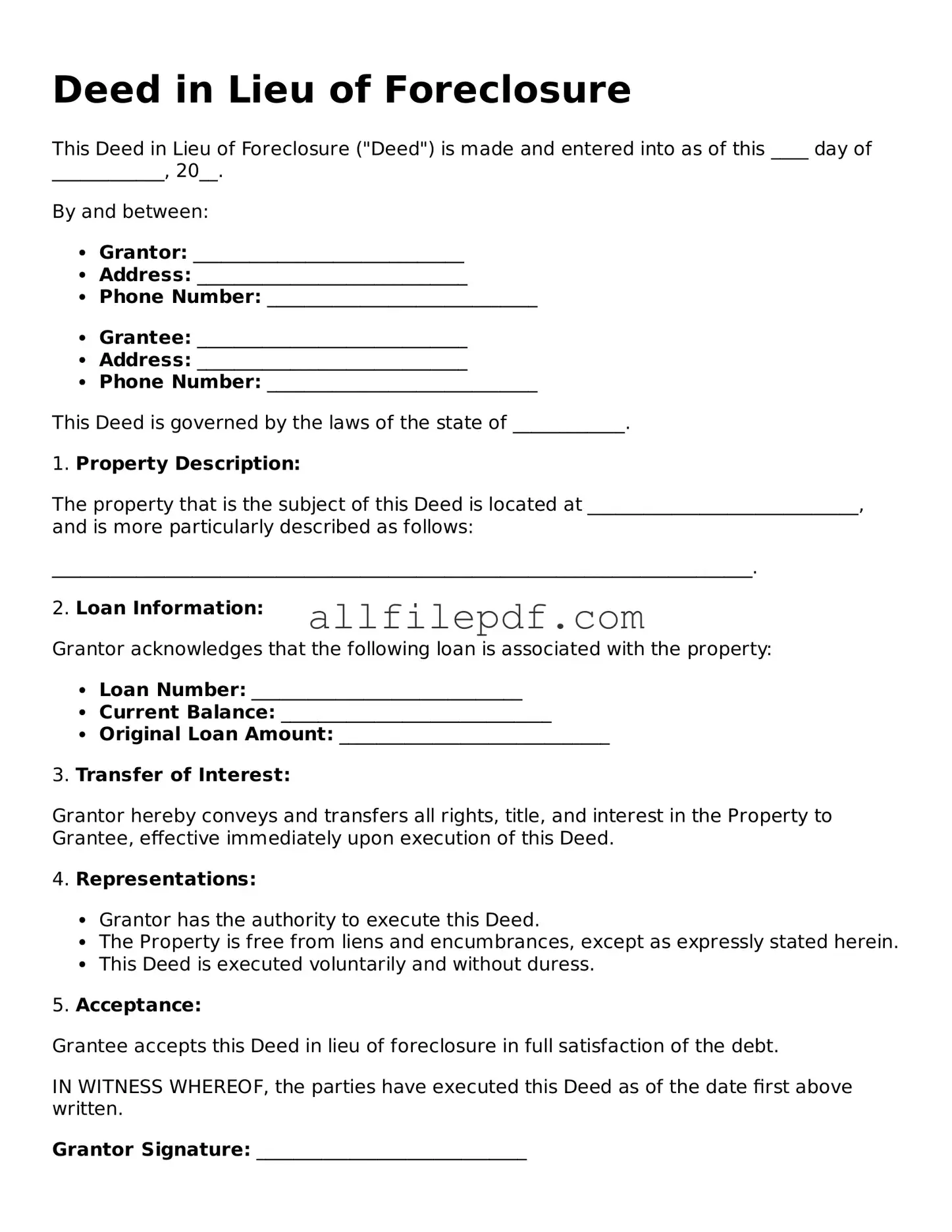 Blank Deed in Lieu of Foreclosure Template