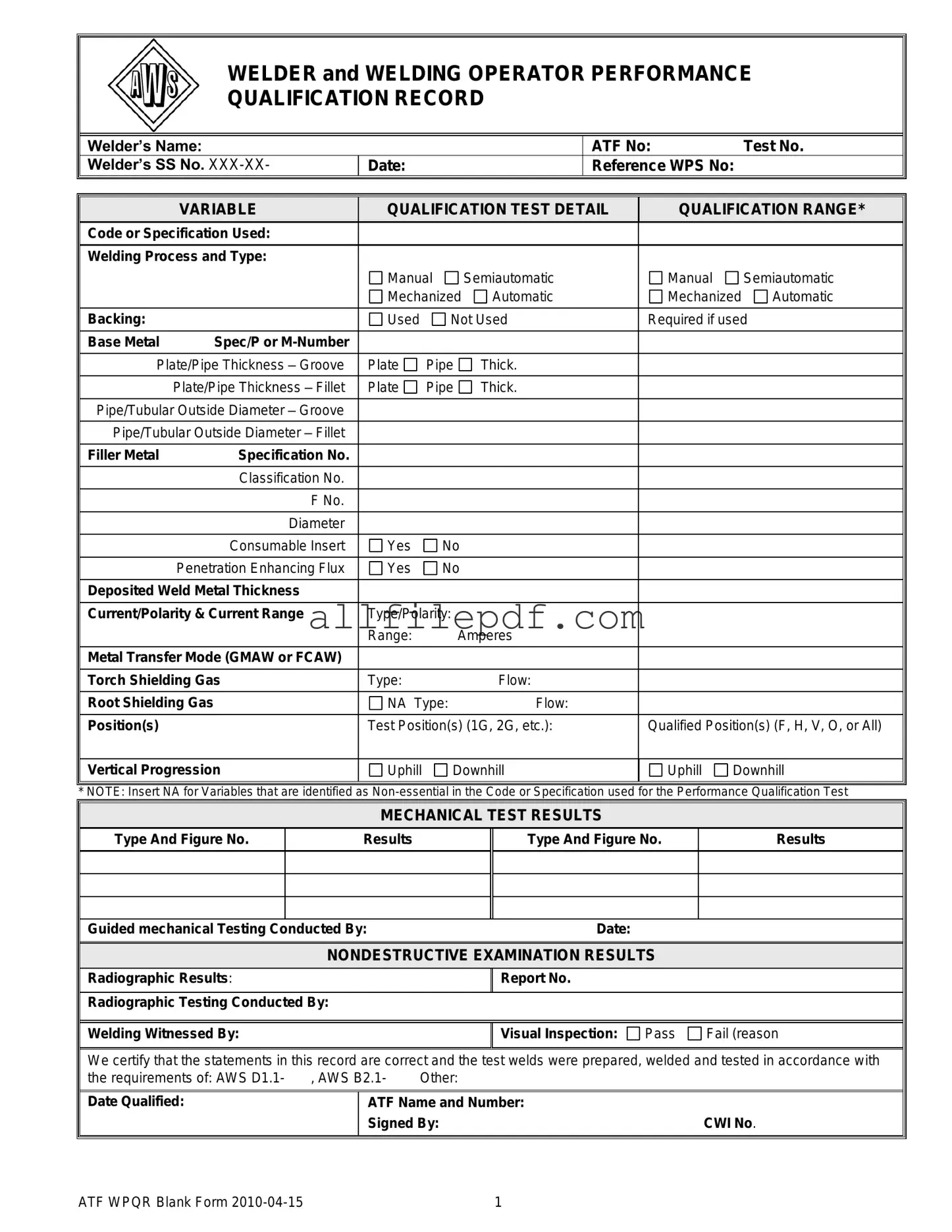 Blank Welder Performance Qualification Record PDF Form