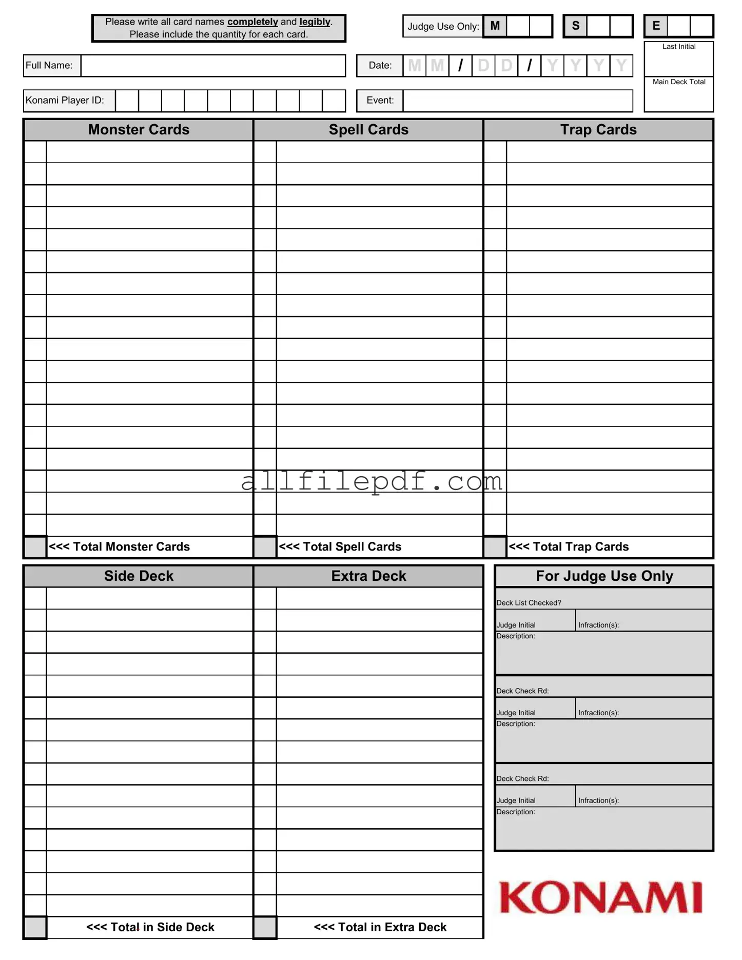 Blank Konami Decklist PDF Form